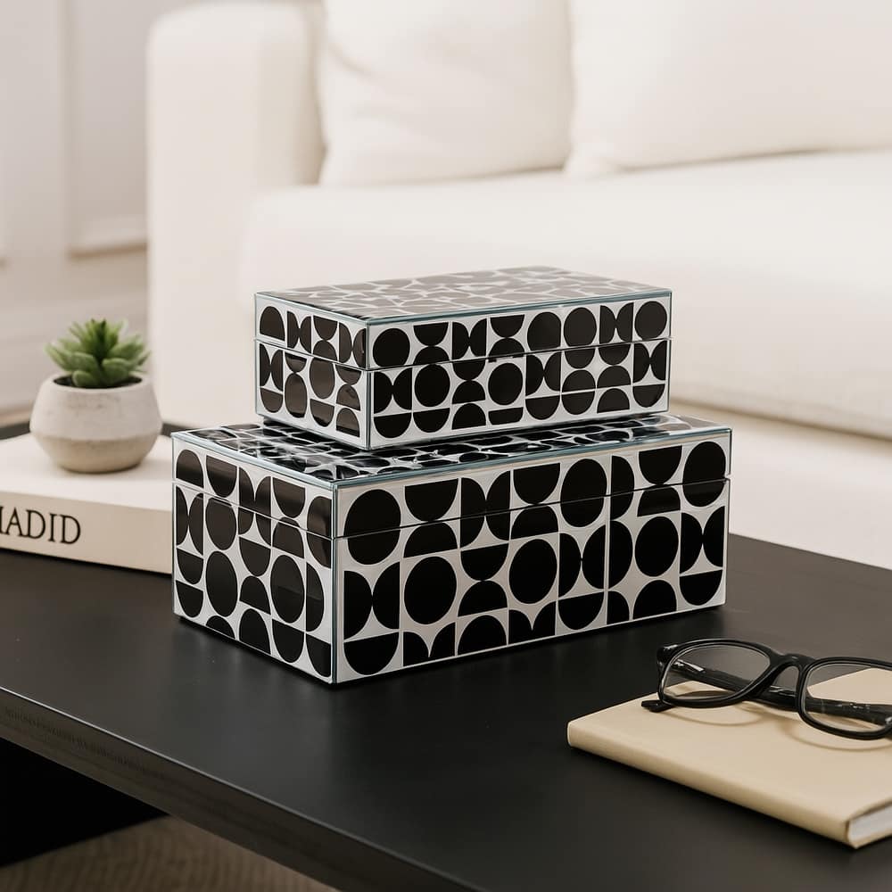 Decorative Abstract Pattern Box with Lid - Set of 2, 11", Black - 11.0"