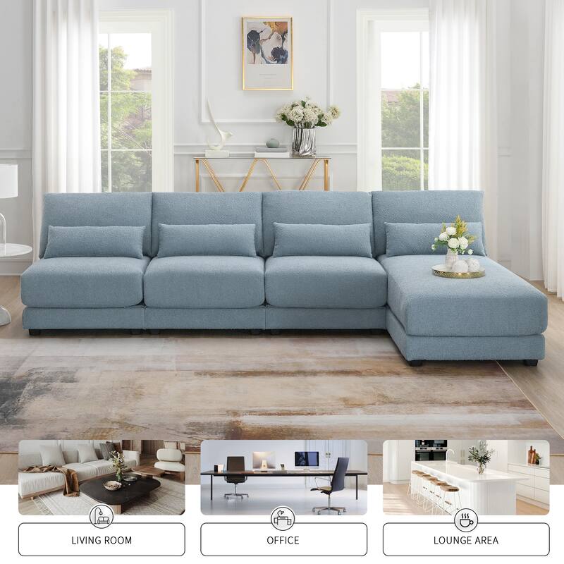Blue 120" L-Shaped 4 Seater Sectional Sofa with Reversible Chaise and 4 Waist Pillow, Armless Design for Space-Saving Comfort