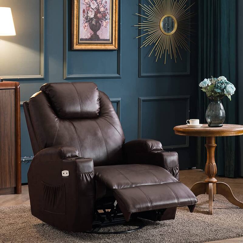 MCombo Manual Swivel Glider Rocker Recliner Chair with Massage and Heat, Faux Leather 8031