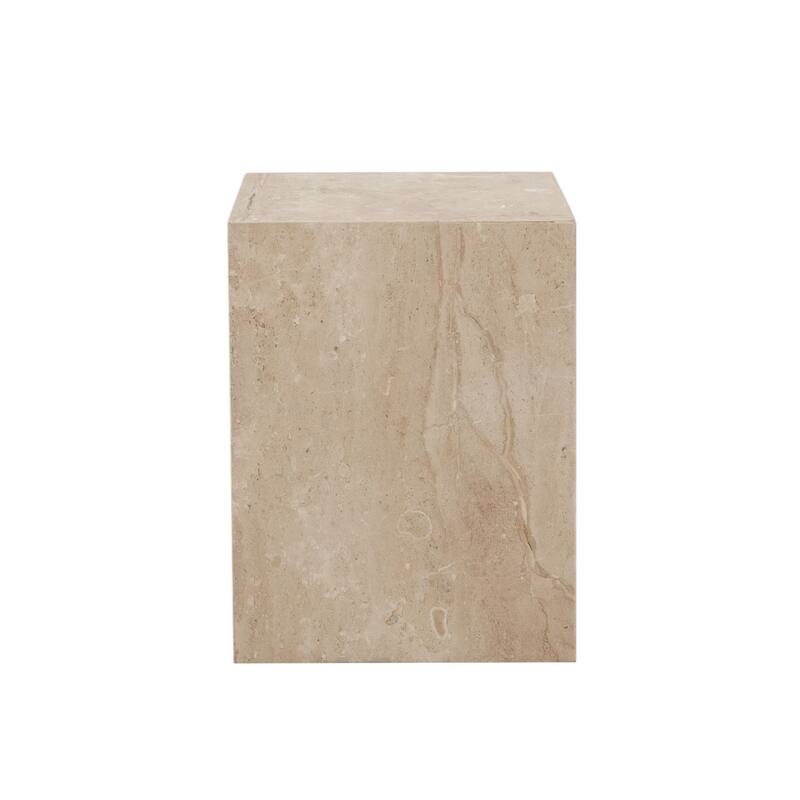 Rey Side End Table, 15 Inch Square Natural Beige Marble Pedestal