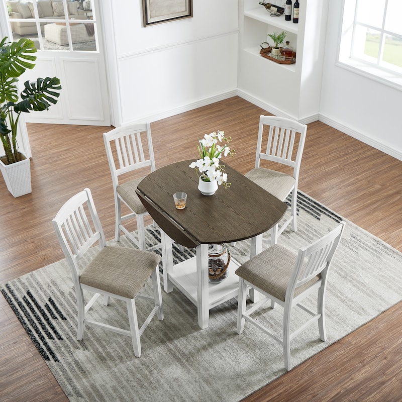 5 Piece Solid Wood Dining table Set, Kitchen Dining Furniture Set with Foldable Leaf Table and 4 Upholstered Chairs