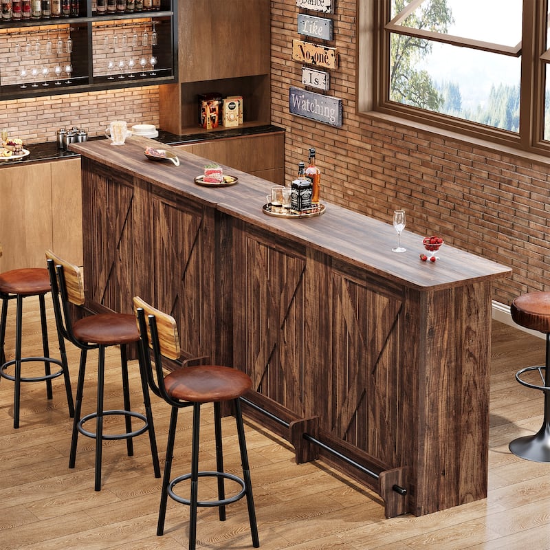 2-Tier Bar Table with Footres, Rustic Brown Bar Cabinet Height Pub - N/A