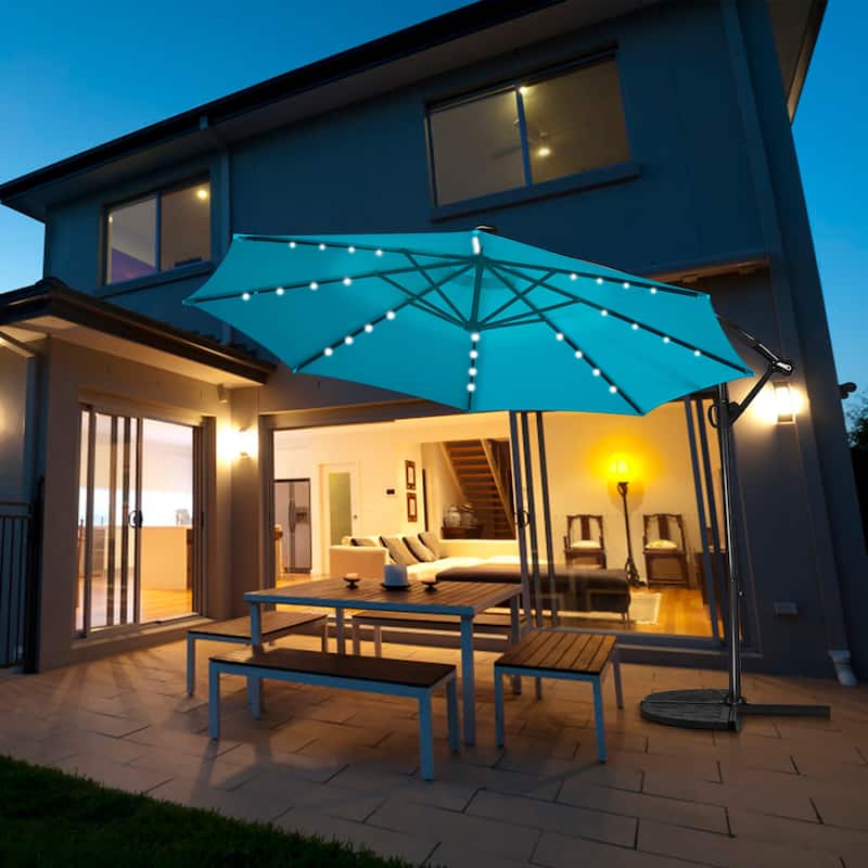 Costway 10FT Patio Offset Umbrella Solar Powered LED 360degrees