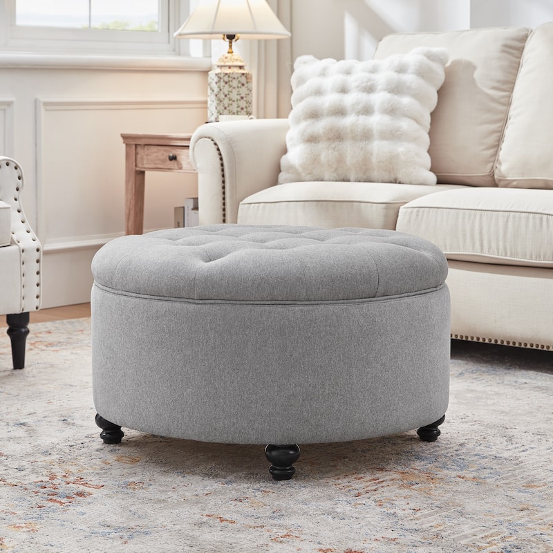 Tufted Large Round Storage Ottoman Footrest Beige/ Grey/ Blue