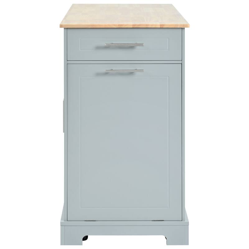 Fluted Kitchen Island with Open Side Racks & Power Outlet, Rolling Storage Cabinet w/Trash Can Storage, Drawers for Living Room