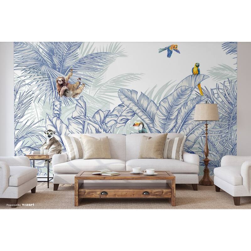 Tropical Jungle Wildlife Wallpaper Mural - Blue - W:175" x H:118"