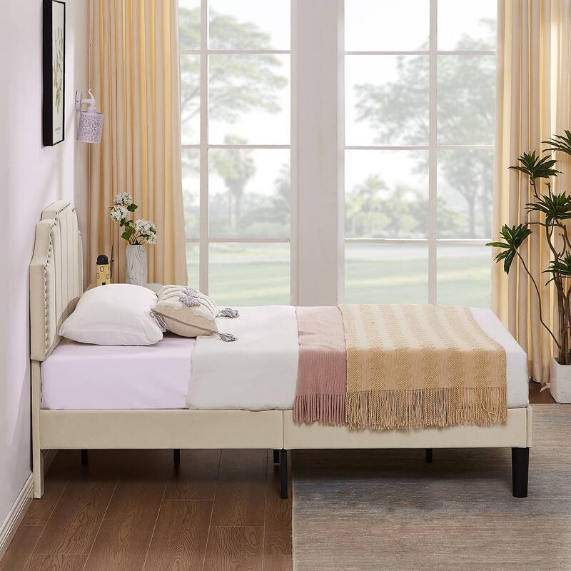 VECELO Upholstered Bed Frame with Nailhead Trim Adjustable Height Headboard, Twin/Full/Queen Size Bedframes