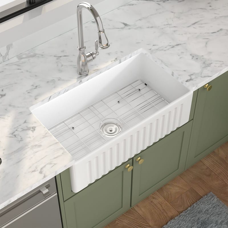 Kichae 33 Inch Ceramic Sink Undermount Farmhouse Apron Front White Kitchen Sink - 33 in.W x 18 in.D x 10 in.H