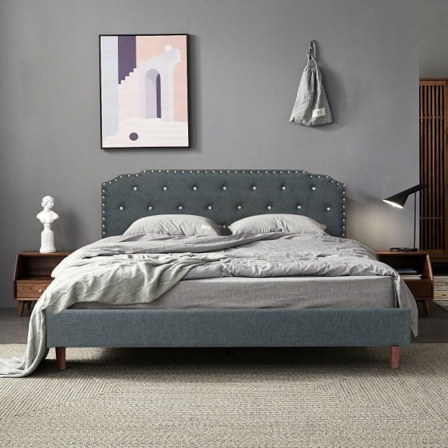 Upholstered Bed Frame with Adjustable Diamond Button Headboard