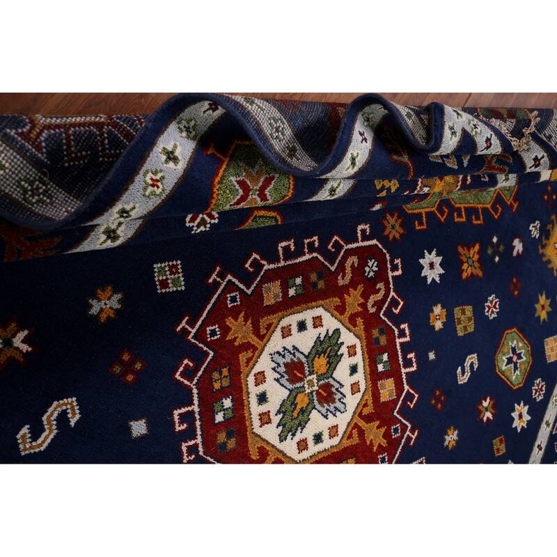 Navy Blue Geometric Kazak Oriental Area Rug Handmade Wool Carpet - 8'8" x 11'11"