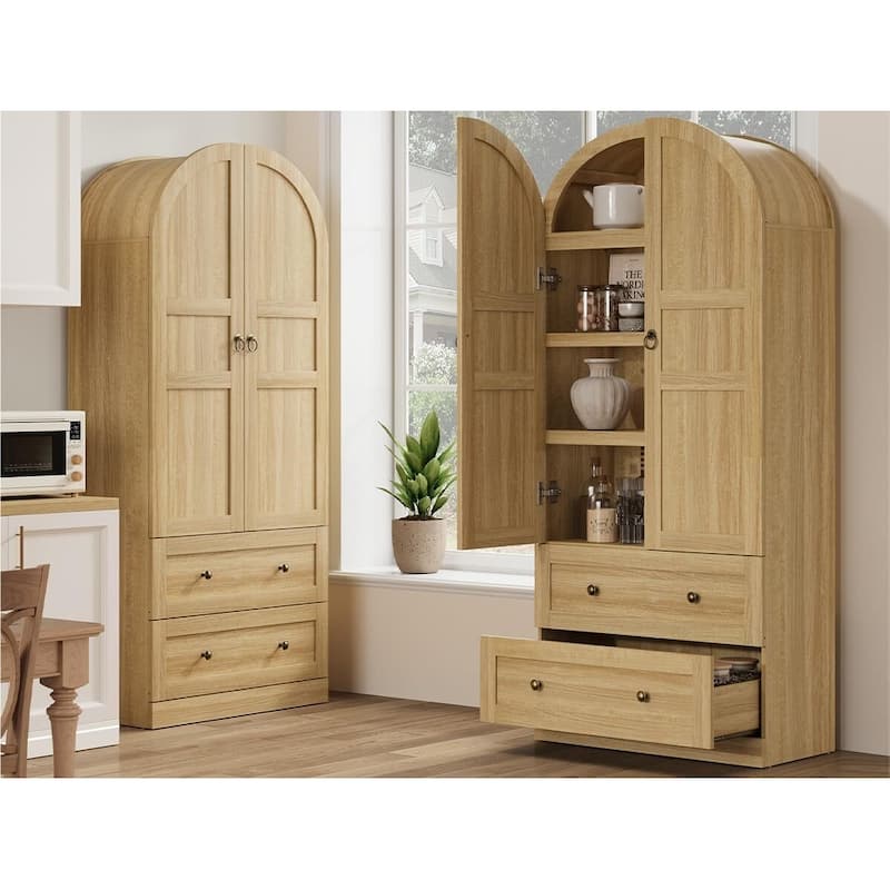 Kitchen Pantry Cabinet, 72" Tall Arched Kitchen Pantry Storage Cabinet, Wood Versatile Rustic Cupboard with Drawers - Yellow - Wood Door