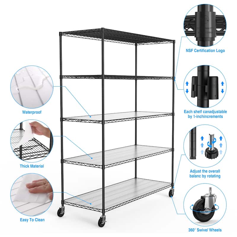 Durable 5 Tier Metal Storage Rack with Adjustable Shelves and Wheel Mobility