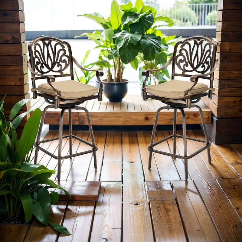 Set of 2 Aluminum Swivel Bar Stools with Thick Comfortable Cushions and Footrests for Patio or Porch - 25.2"D x 25.6"W x 51"H
