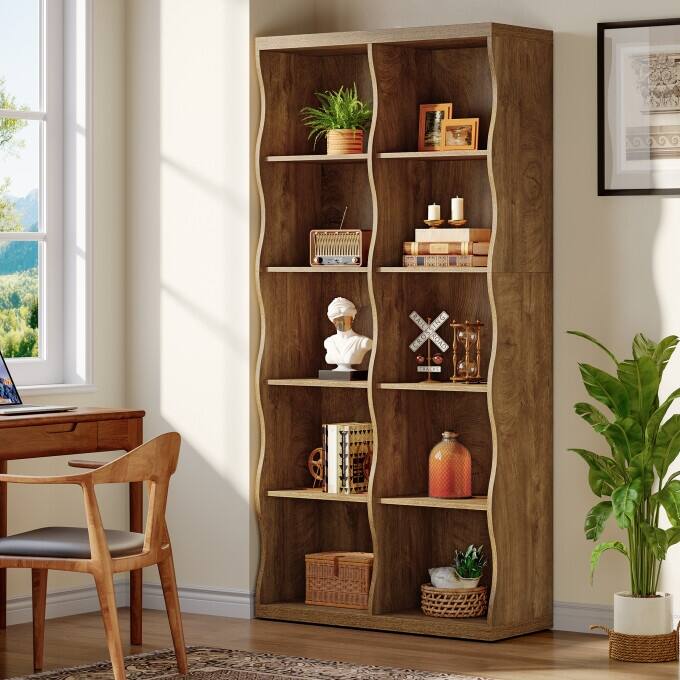 70.86" 5-Tier Bookshelf, 10 Storage Cubes Bookcase with Wave-Design - Brown
