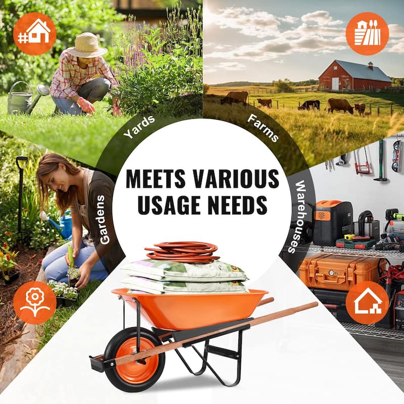 Orange Iron PU Garden Wheelbarrow 265lbs Cart w/ith Foam Tire 16" - 55.12 x 24.41 x 22.83 in