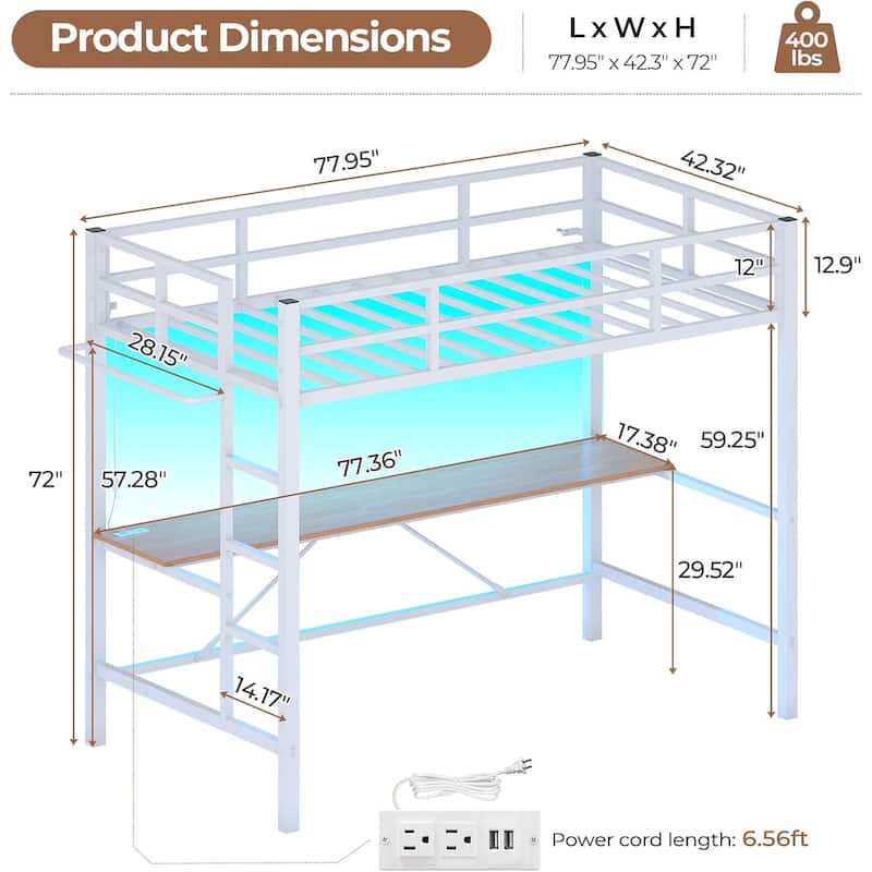 Loft Bed with Desk Gaming Bunk Bed LED Lights Charging Station