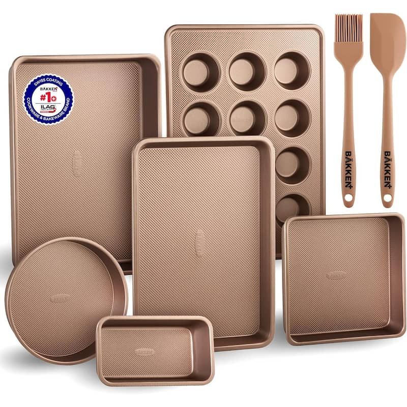 BAKKENMASTER Nonstick Baking Pan Set - Bakeware with Silicone Handles - Gold - 8 Pieces