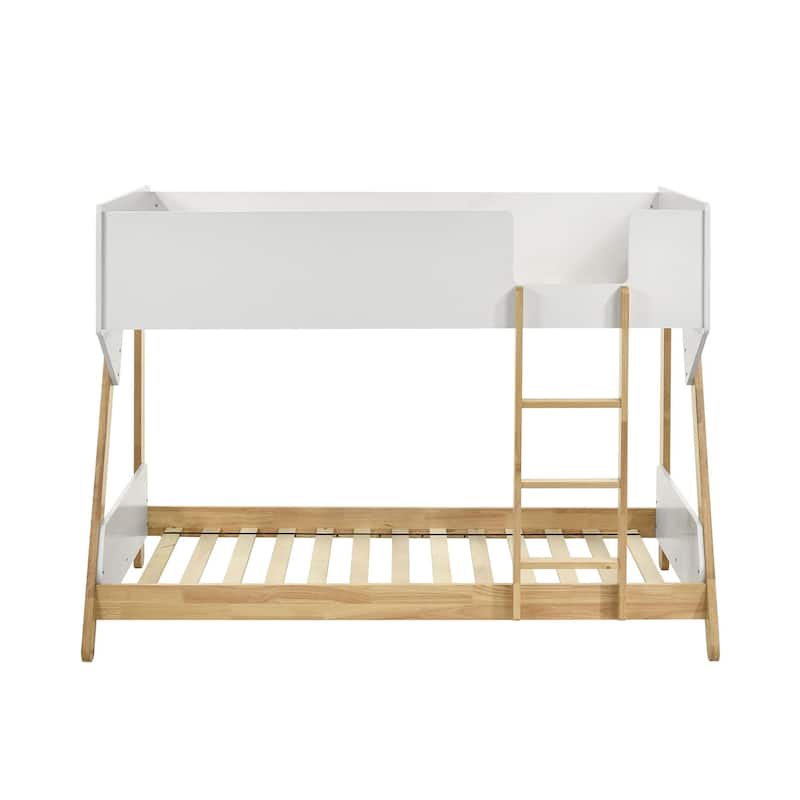 Wooden Twin Over Twin Bunk Bed with Ladder in White and Natural