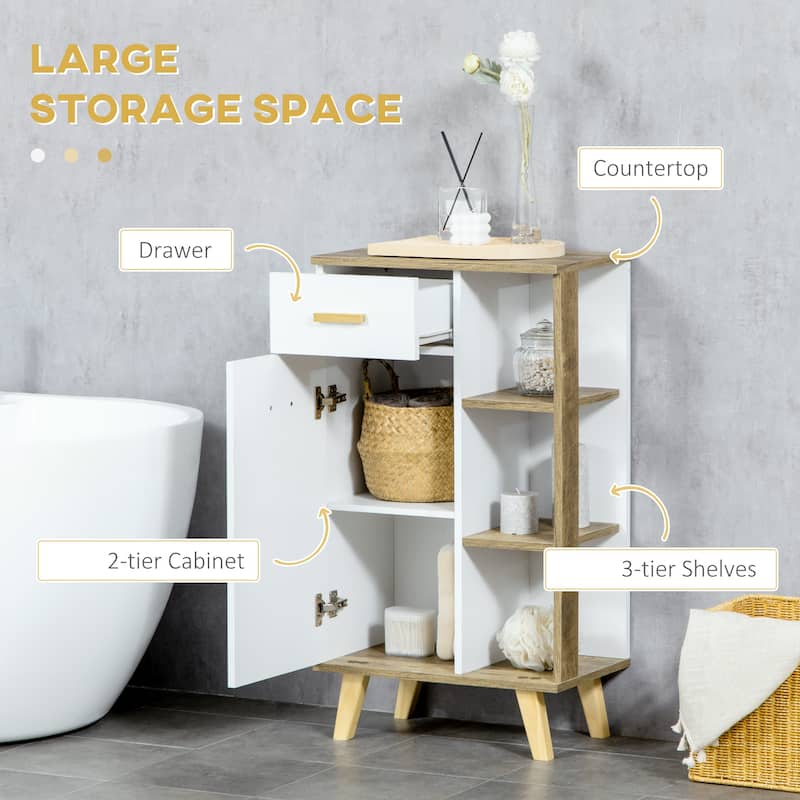 kleankin Bathroom Floor Cabinet, Side Storage Organizer Cabinet with Drawer and Shelves for Bathroom, White and Natural