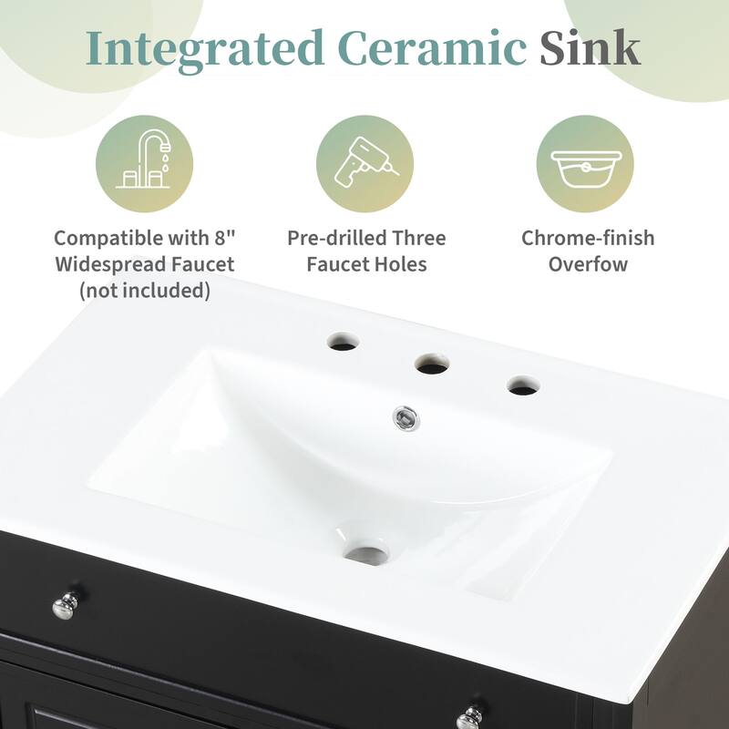 30" Bathroom Vanity with Sink, Freestanding Cabinet with 2 Drawers, Door Shelf Design, Painted Finish