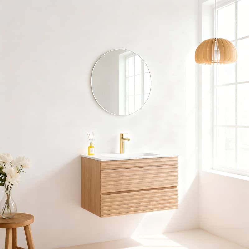 Modland 30" Wall Mount Bathroom Vanity with Ceramic Sink - 2 Soft-Close Drawers, Silk Mist Oak - 30 inch - 30 inch