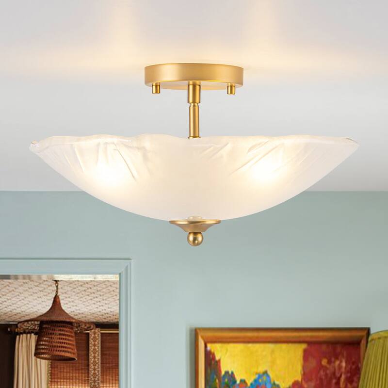 Mid-Century Brass Round Glass Bowl Semi Flush Ceiling Light 15in - Frosted Glass