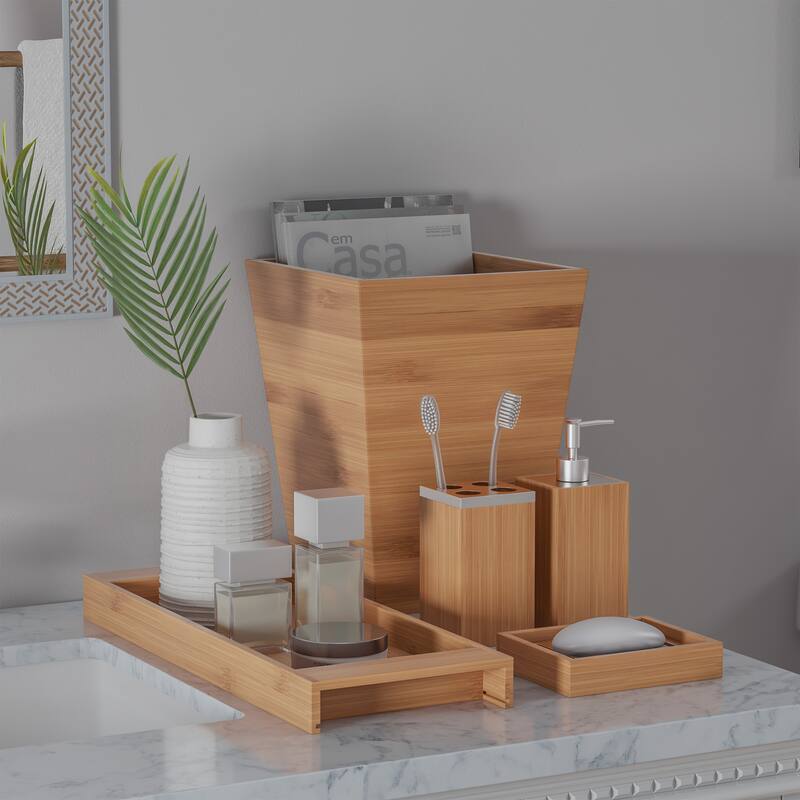 Bamboo Bath Accessories- 5 Pc. Set Natural Wood Tray, Lotion Dispenser, Soap Dish, Toothbrush Holder, Wastebasket by Lavish Home