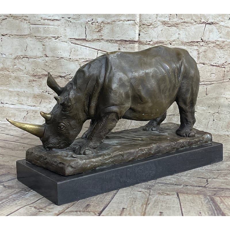 Bronze Metal Rhinoceros Rhino Statue Sculpture Figure Marble Base Barye Art 9 Inches X 14 Inches