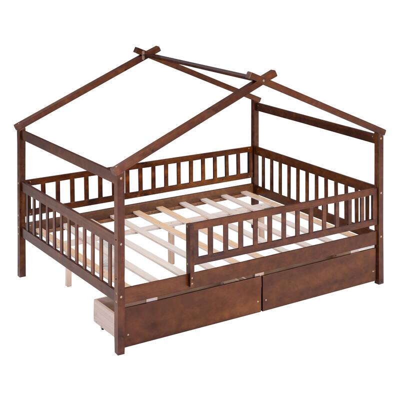 Space-Saving Full Size House Daybed with Storage Drawers and Roof Design