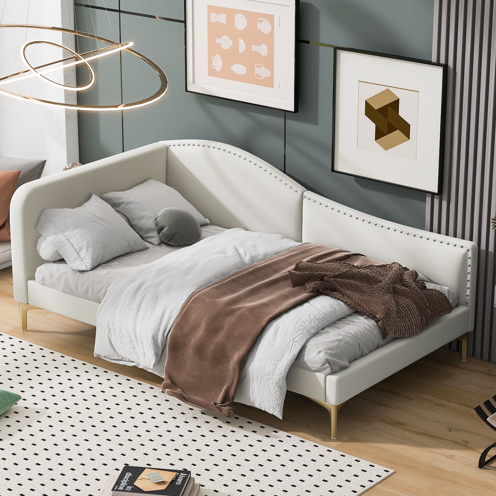 Twin Size Modern Upholstered Daybed with Support Legs,Headboard and Armrest for Bedroom