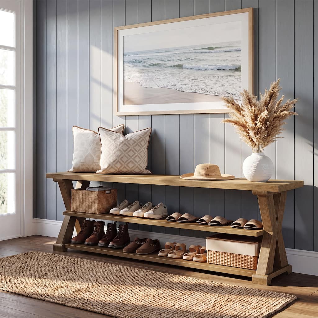 63-Inch Entryway Storage Bench, Farmhouse Wooden Shoe Bench Seat