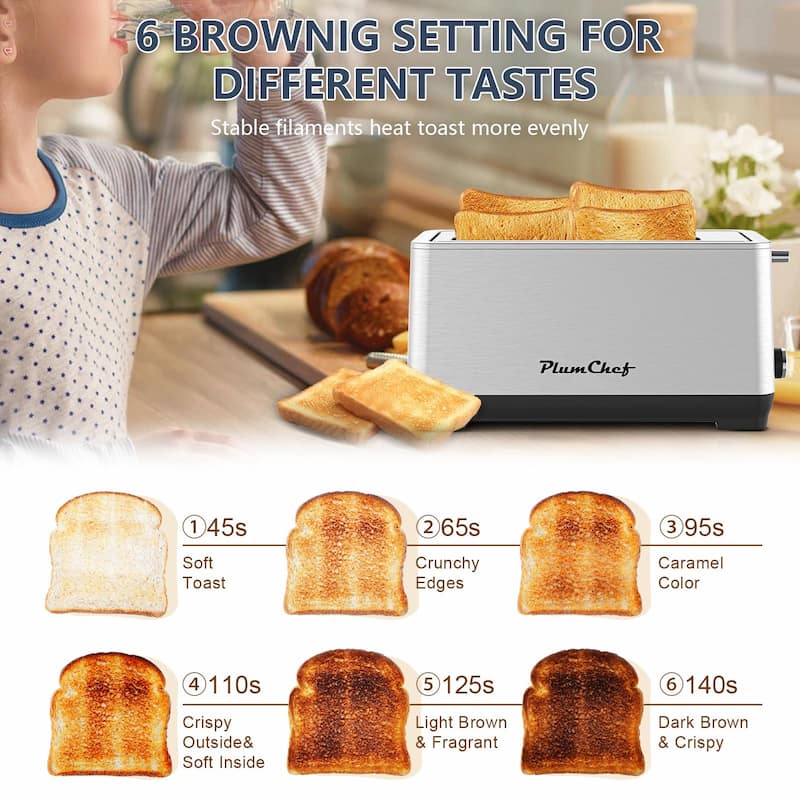 4-Slice Extra Wide Long Slot Toaster, Stainless Steel with Warming Rack, 6 Browning Settings & Bagel/Defrost/Reheat Functions