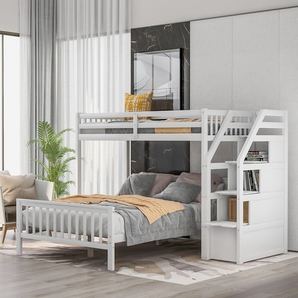 slide 2 of 16, Cottage Concise Style Twin over Full Loft Bed with Storage Staircase,Solid Wood Versatile Bed with Full-Length Guardrail White