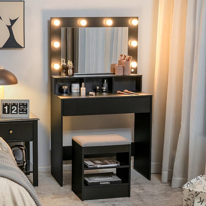 Costway Vanity Table Set with Lighted Mirror 8 LED Bulbs Large Drawer - See Details - Black