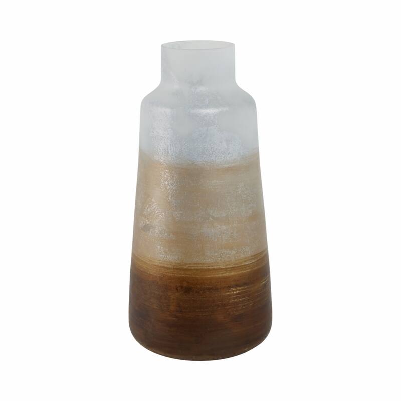 Modern Glam Glass Vase Metallic Textured Neck and Smooth Tapered Body - 8" x 8" x 17" - White/ Gold