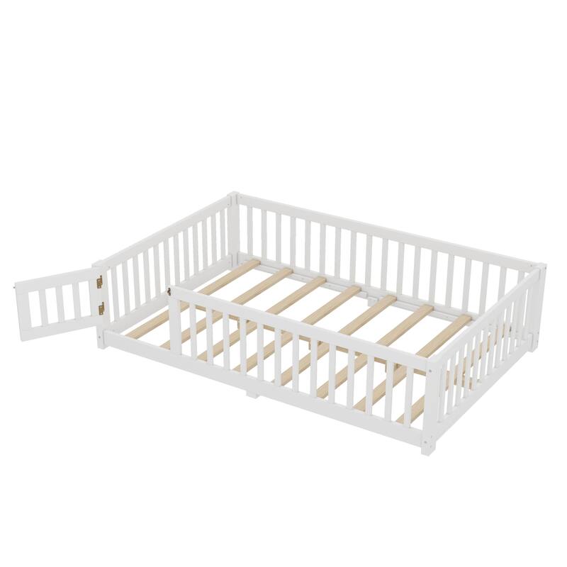 Montessori Toddler Floor Bed with Fence and Switchable Door, Low Profile Bed Frame with Removable Slats, Safe Transition Bed