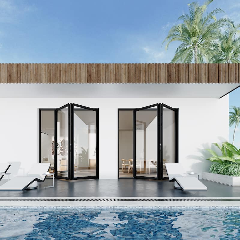 KaMic Elite-Fold 72" x 96" 2-Panel Aluminum Folding Door in Black with Hidden Hinges & Rollers, Folded Out From Left To Right