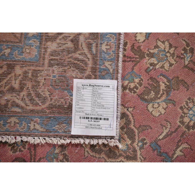 Pink Kashan Persian Vintage Runner Rug Handmade Wool Carpet - 3'11" x 12'9"