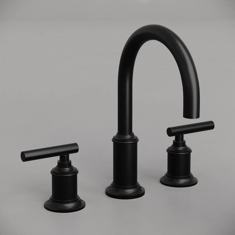 Modern Gooseneck Spout Widespread Deck Mount Lavatory Faucet F2-0014 in Matte Black Finish with Cylindrical Lever Handles