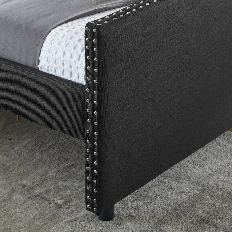Tufted Button Daybed with 2 Storage Drawers/Upholstered Sofa Bed Frame w/Copper Nail on Waved Shape Armrests/No Spring Box Need