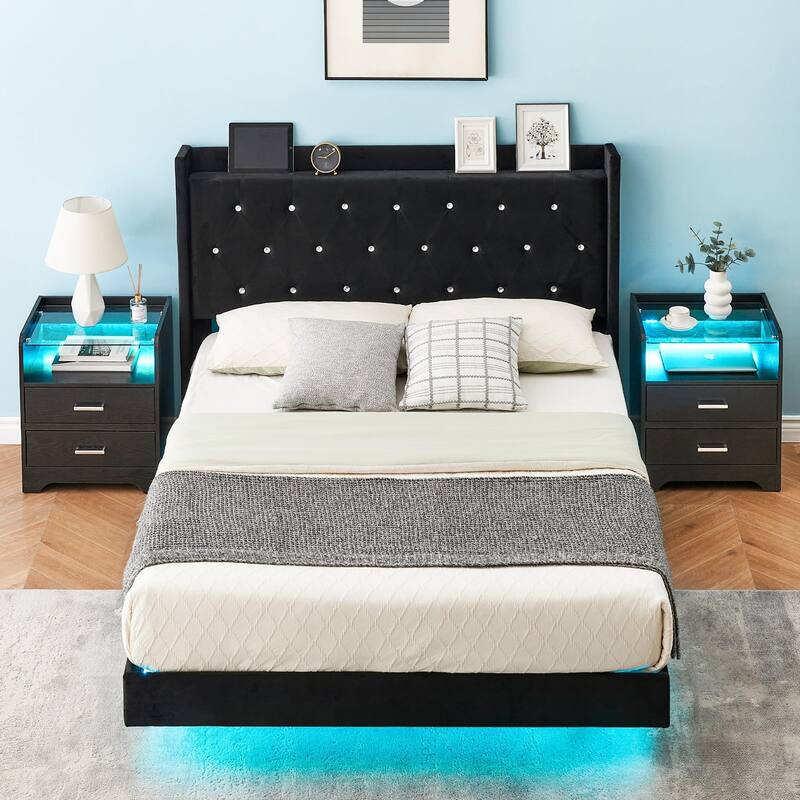 Floating Velvet Upholstered Bed Frame with LED Lights - Full