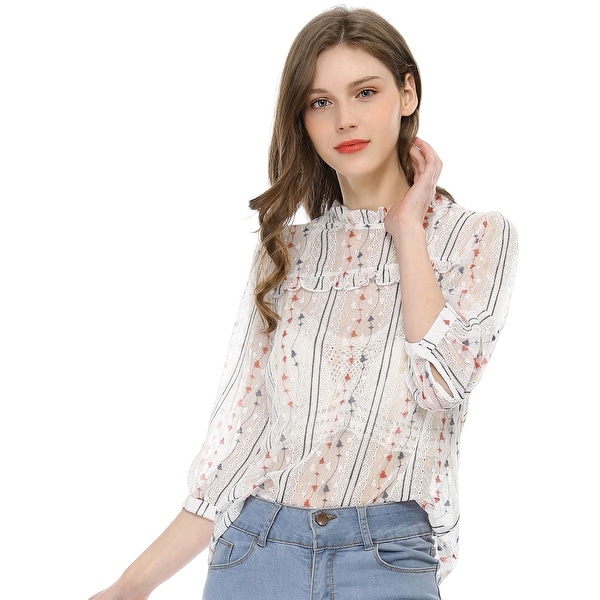 Women's 3/4 Sleeves Ruffle Mock Neck Sheer Lace Top