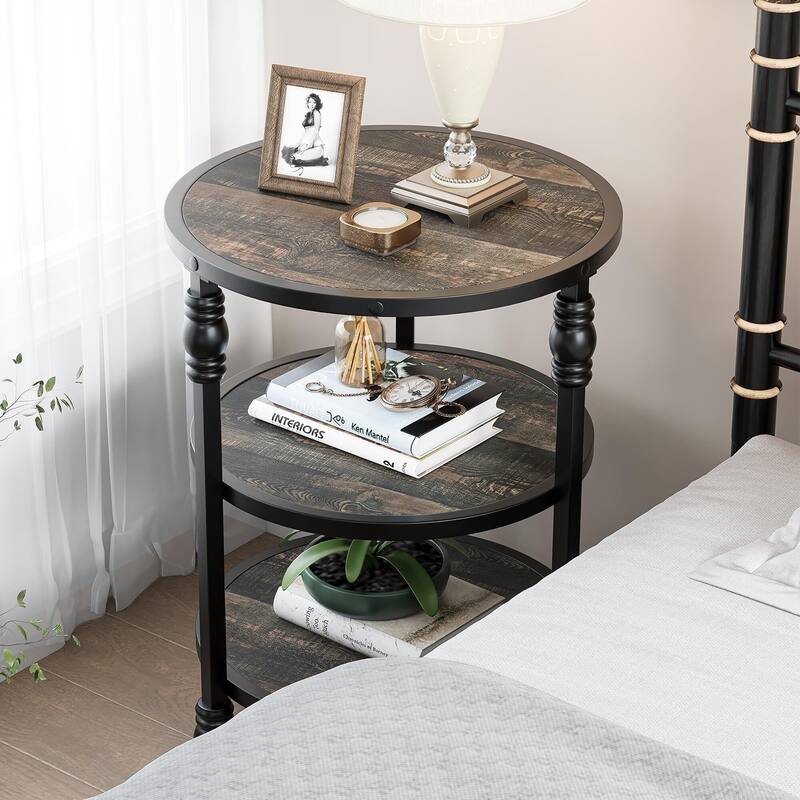 Round End Table, Small Side Table with 3 Shelves