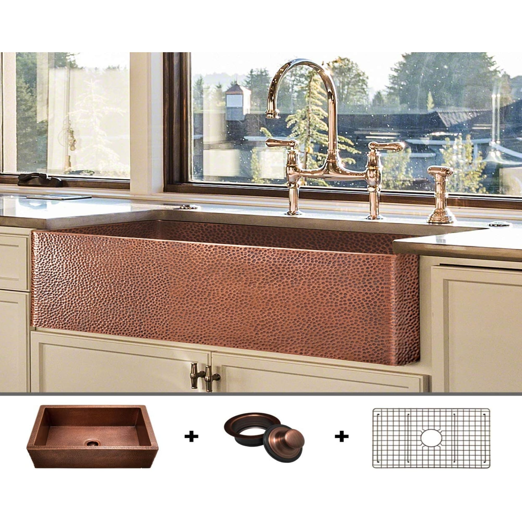33-Inch Modern Copper Farmhouse Sink 52.6 LBS Pure Copper, Apron Front,  Single Bowl - Chocolate - 33 x 22 x 10.25 inches