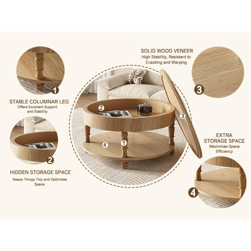 Roomfitters 31.5" Round Coffee Table, Storage Center Table with Hidden Compartment for Living Room