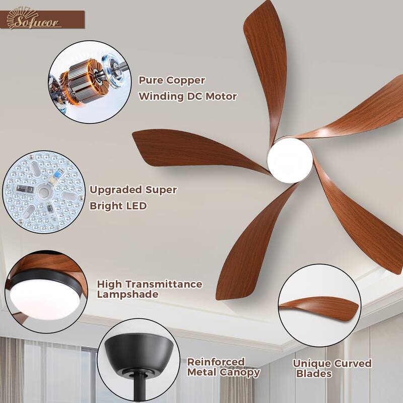 45/52 Inch Ceiling Fan with Remote & Lights Quiet DC Motor 5 Blade High CFM Modern Fan