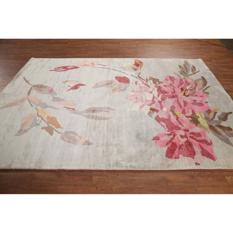 Handmade Flowers Wool & Silk Indian Area Rug - 6'3"x 9'0"