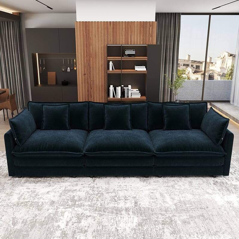 Modern Living Room Set, Upholstered Chenille Sofa with Pillows for Living Room, Chenille - 111.5" 3-Seat Sofa - Blue