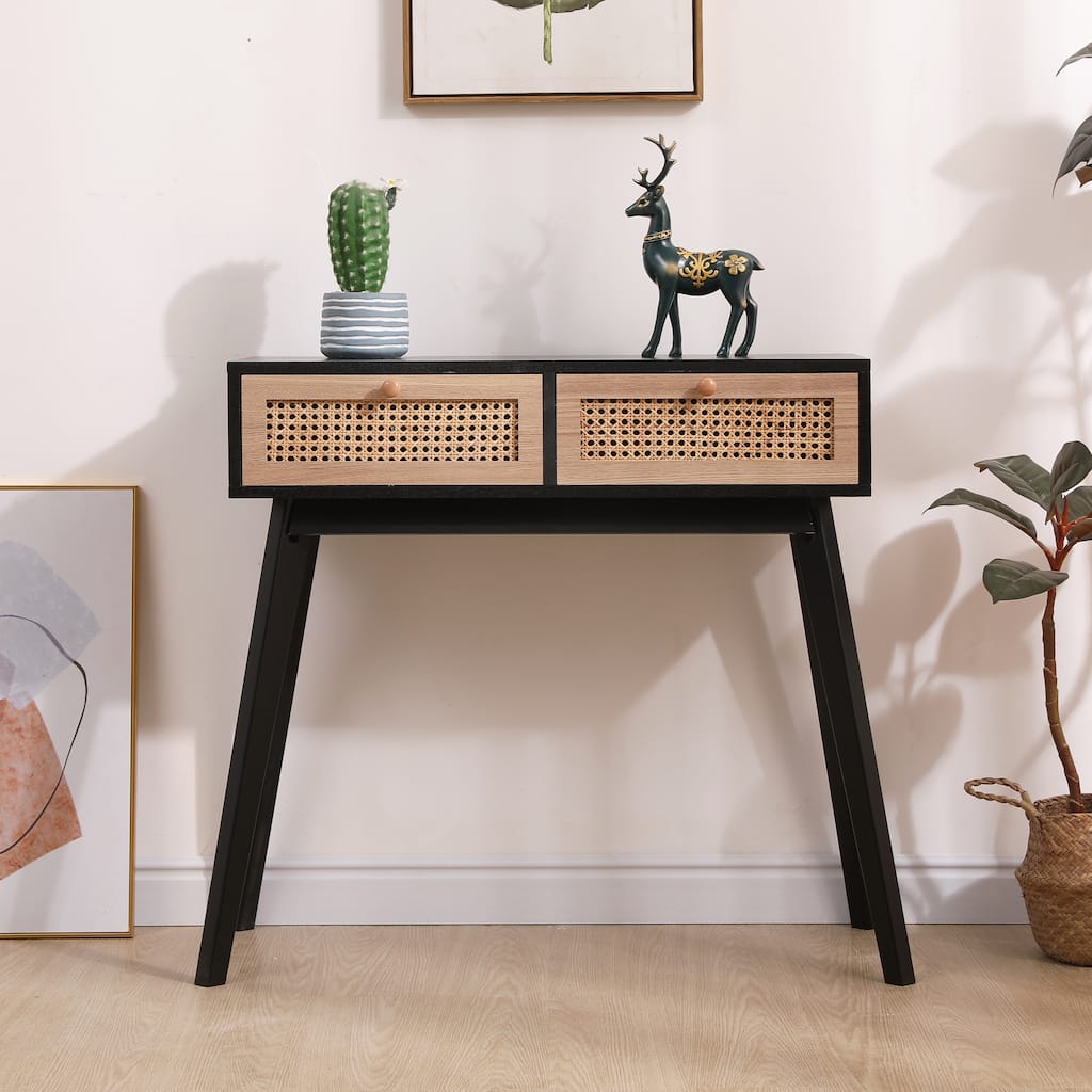 Side table with two real rattan drawers, solid wood table legs,can be used in the dining room, living room,bedroom,entrance