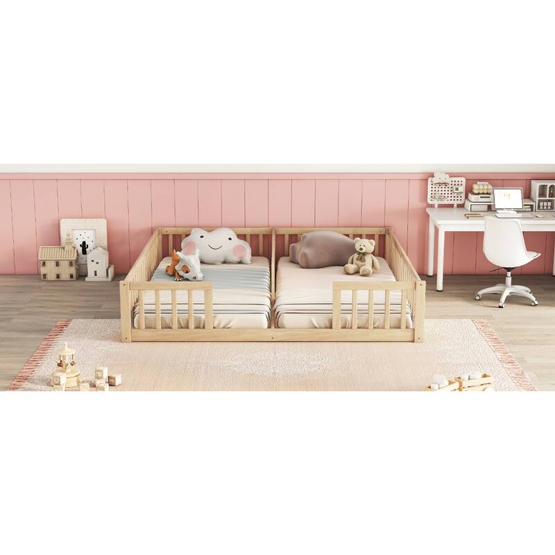 Roomfitters Double Twin Floor Bed Frame with Fence and Guardrails, Low Profile Shared Platform Bed, No Door Design